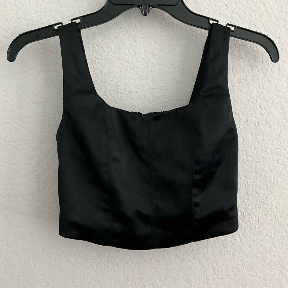 House of Harlow 1960 Women Black Satin Stretch Bustier Corset Crop Tube Tank Top